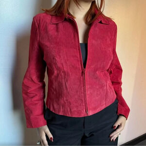 Coldwater Creek Red Suede Jacket Zip Up colorful christmas holidays winter